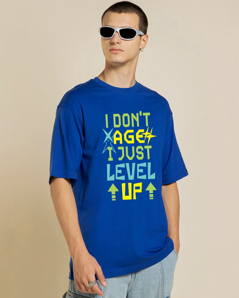 بيواكوف Men's Blue Level Up Typography Oversized T-shirt